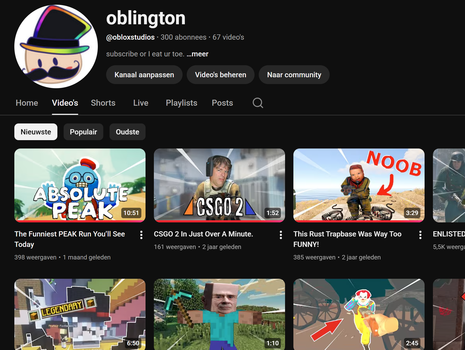 Screenshot of YouTube channel